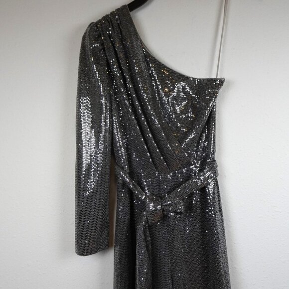 Alex Marie Silver Jumpsuit Women's Petite Size 4P Belted One Shoulder NEW - Picture 4 of 12